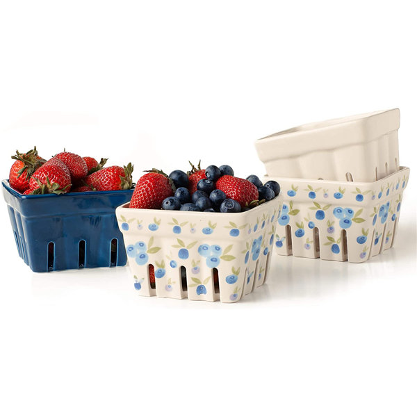 Red Barrel Studio® Farmhouse Ceramic Berry Basket, Colander, Farmers Market Square Bowl. Rustic